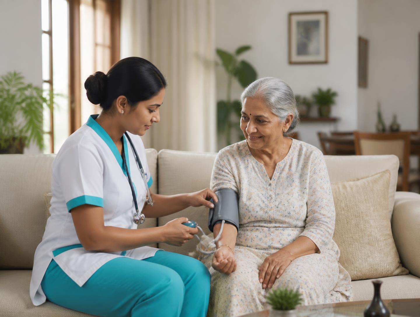 Bansalji Home Health Care professional checking an elderly patient in home comfort